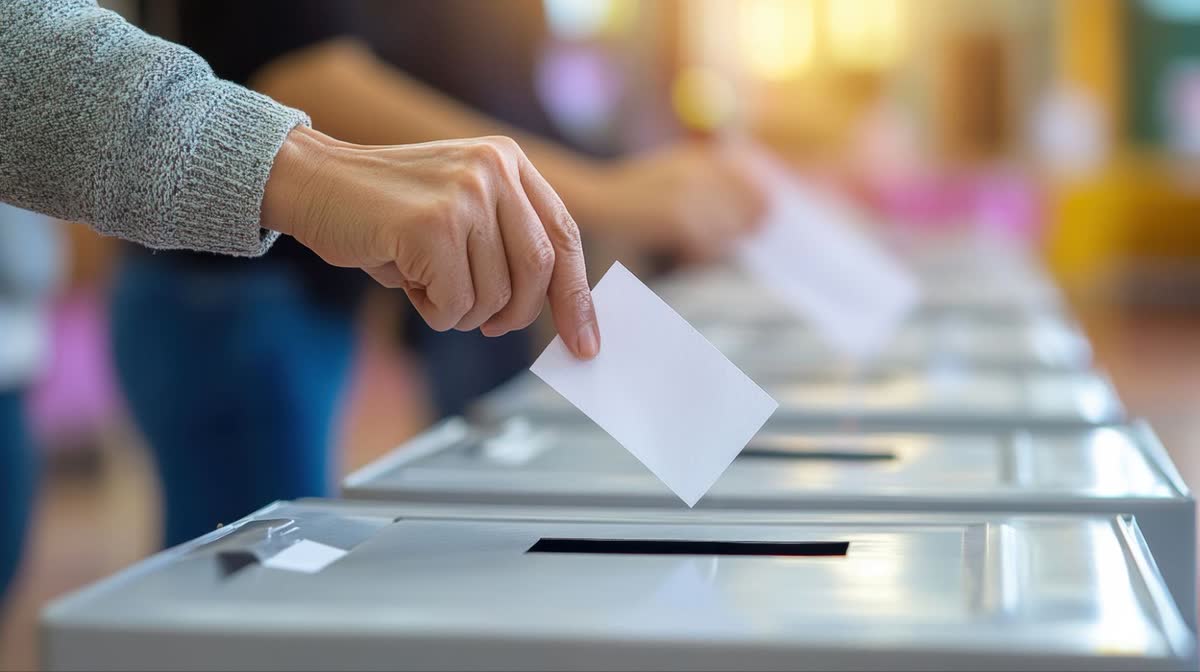 Une main dépose un bulletin dans une urne, au-dessus d'une rangée d'urnes