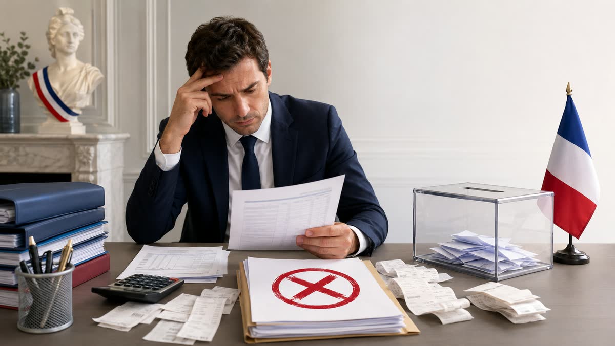 Un homme en costume, la main sur le front, examine des documents à son bureau, près d'une urne et d'un dossier barré d'une croix rouge