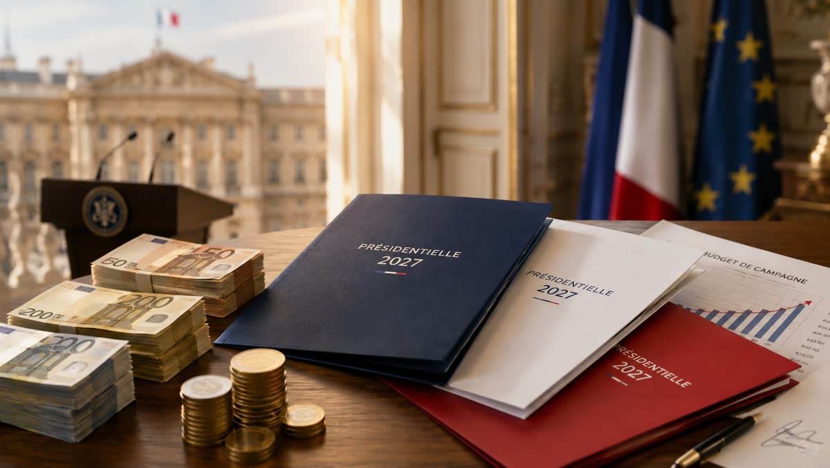 Dossiers bleus « Présidentielle 2027 », liasses de billets et pièces posés sur un bureau, devant un pupitre et des drapeaux