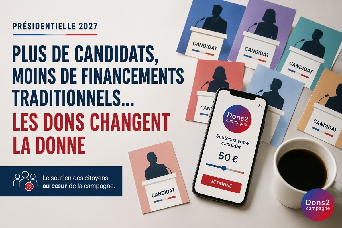Affiche « Plus de candidats, moins de financements traditionnels… les dons changent la donne », avec un smartphone Dons2Campagne et des fiches de candidats