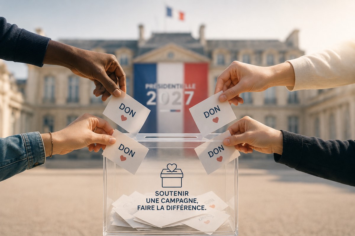 Des mains déposent des bulletins « Don » dans une urne transparente, devant un palais aux couleurs de la présidentielle 2027