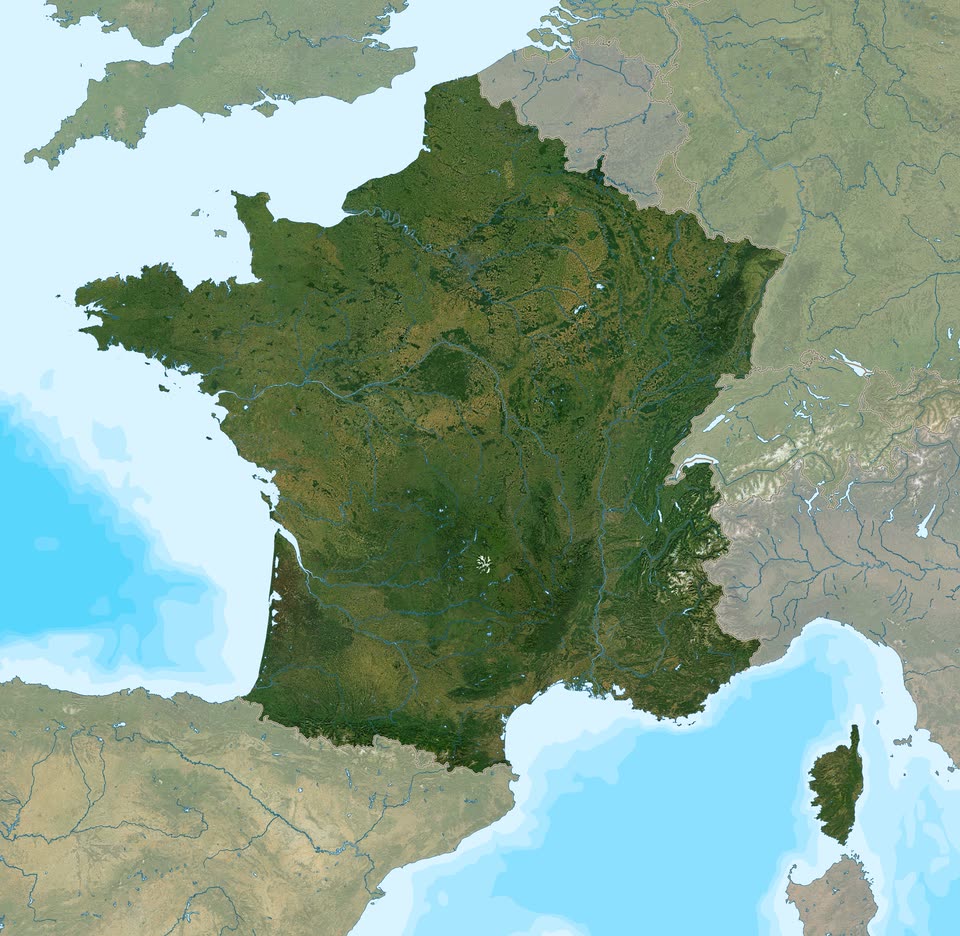 La France métropolitaine vue par satellite, avec ses fleuves et ses reliefs