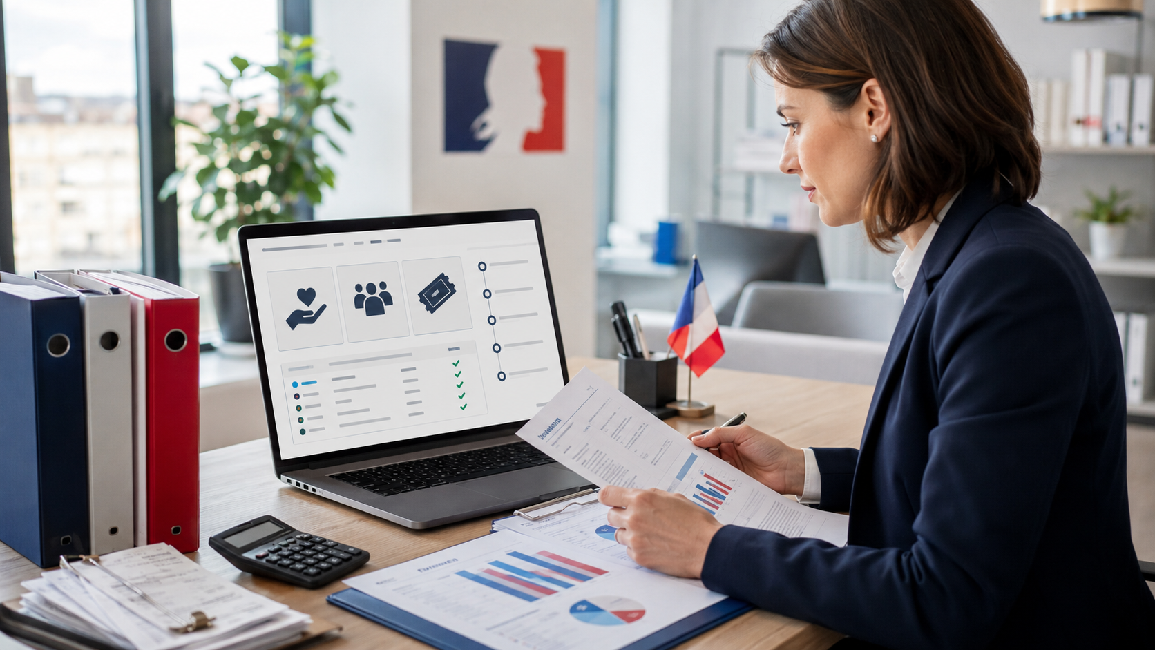 Une professionnelle examine des documents et un ordinateur affichant des icônes de gestion de projet dans un bureau organisé.