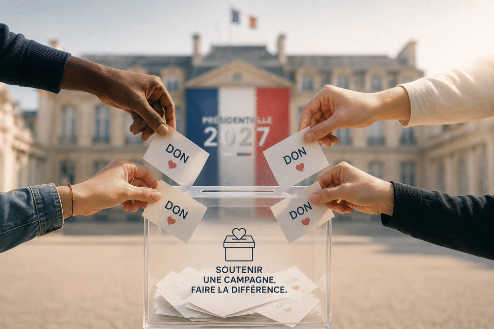 Quatre mains déposent des notes avec le mot don dans une urne pour soutenir une campagne électorale française 2027.
